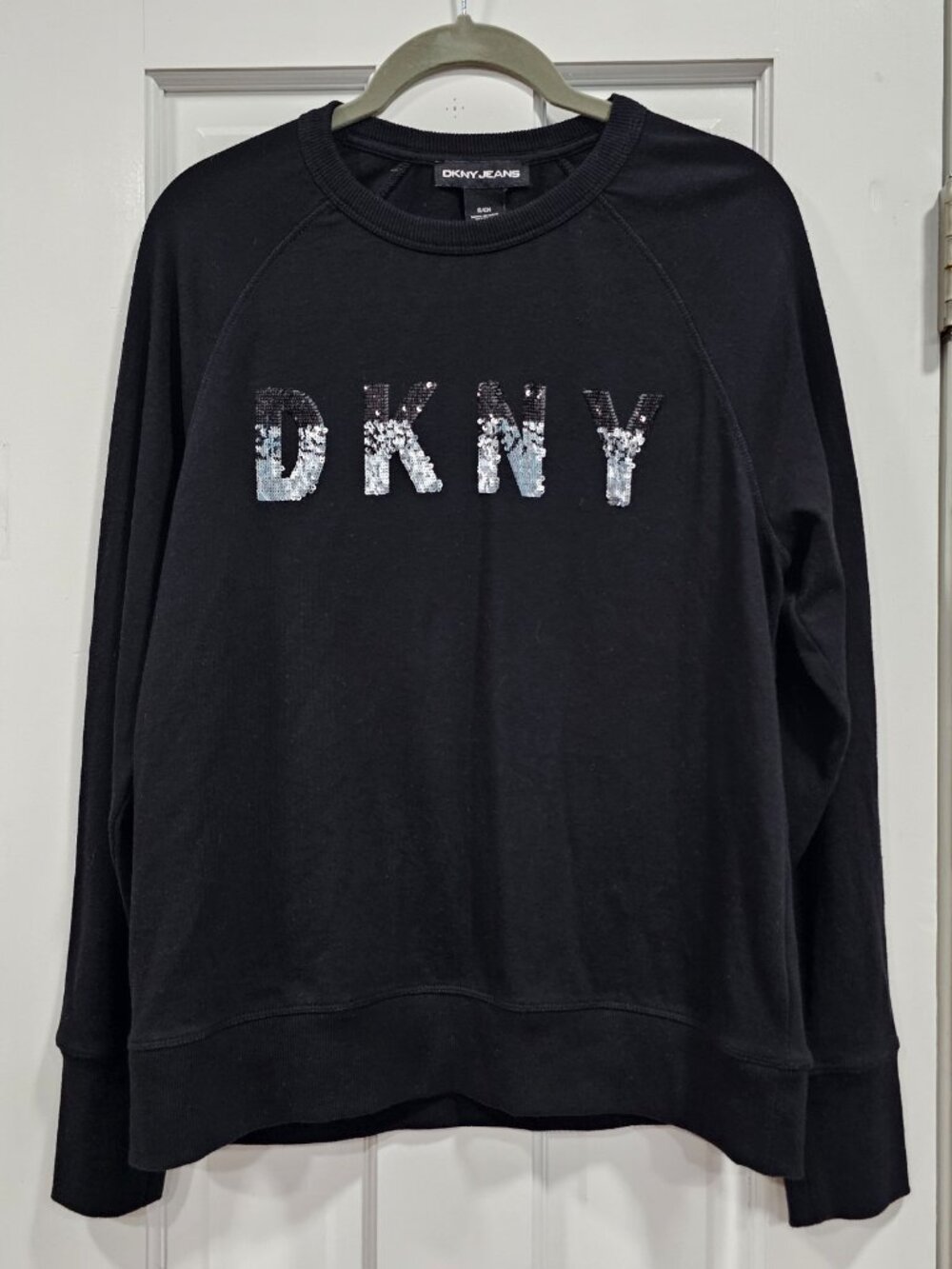 DKNY Black Graphic Sequin Logo Sweatshirt Crewneck Pullover Top Size Small